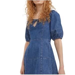 H&M Divided Blue Short Jean Denim Keyhole Back Tie Puff Sleeve Dress Size Small